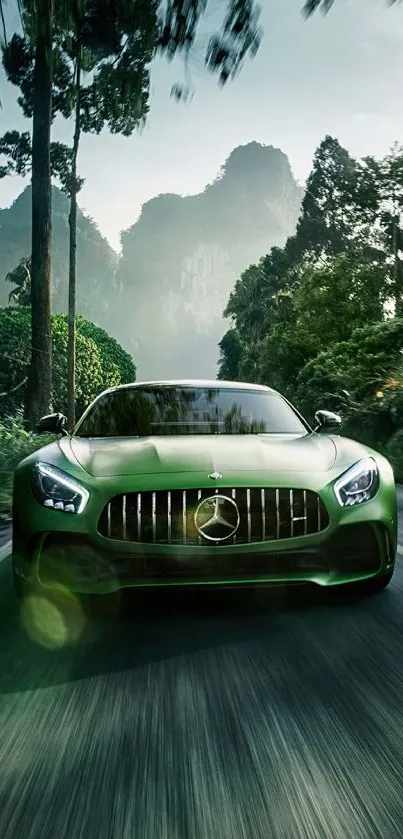 Sleek green car driving through a lush forest road.