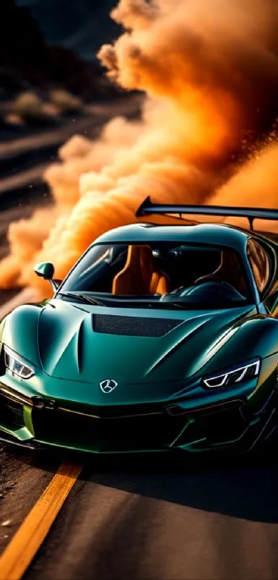 Green sports car racing down a scenic road with vibrant orange dust trails.