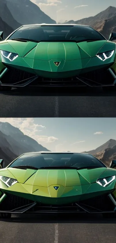 Green sports car on open road with scenic mountain backdrop.