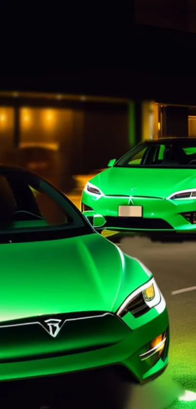 Two green electric cars in a night city scene.