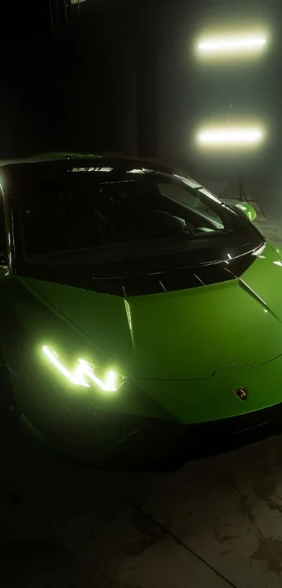 Green luxury sportscar in dim lit setting with glowing headlights.