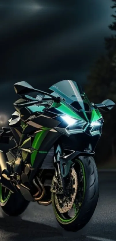 Sleek green motorcycle with glowing headlights at night.