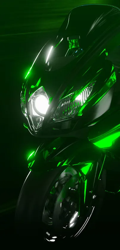 A sleek green motorcycle on a dark background, glowing with vibrant highlights.