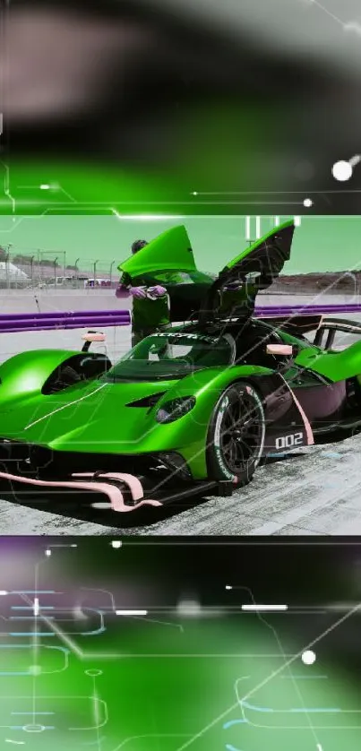 Sleek green race car on track, vibrant display.