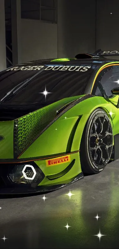 Vibrant green sports car in a garage setting.