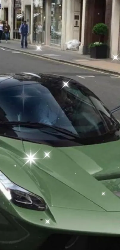 Olive green sports car parked on a city street.