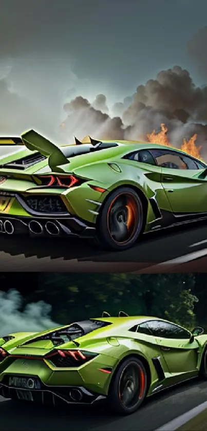 Green sports car with flames on road; dynamic and vibrant wallpaper.