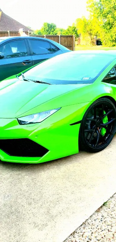 Vibrant lime green sports car parked in a driveway.