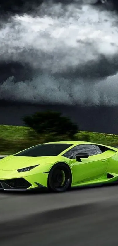 Vibrant green sports car on highway under dramatic cloudy sky.