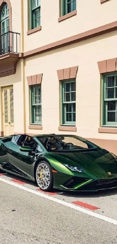 Green luxury sports car on city street wallpaper.