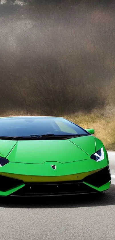 Vibrant green sports car on a road with a sleek design.