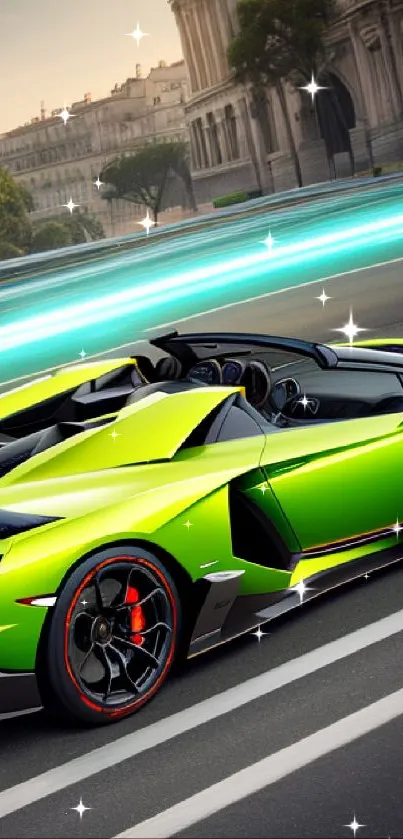 Sleek green sports car cruising stylishly on an urban road.