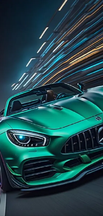 Green sports car in motion with dynamic lighting.