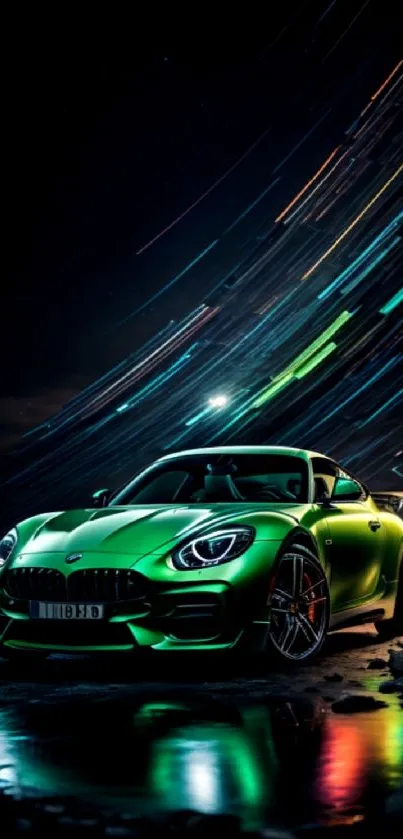 Green sports car with colorful night sky streaks.