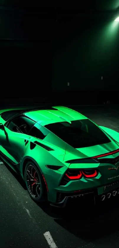 Sleek green sports car parked in a dimly lit setting.