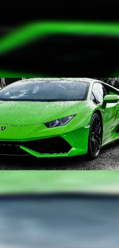 Green Lamborghini sports car with sleek design in a dramatic setting.