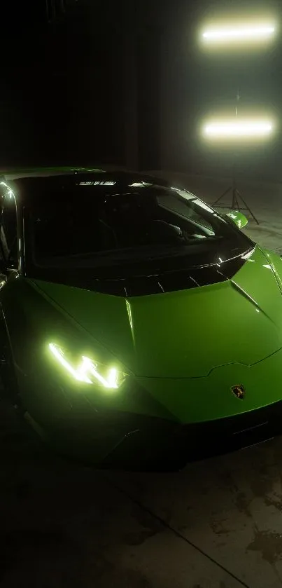 Green sports car shining in dim garage lighting.