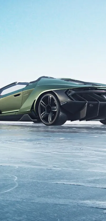 Green sports car on clear ice background, showcasing sleek design.