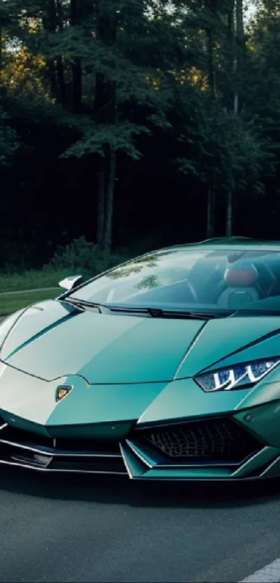 Green sports car on a road with trees in the background.