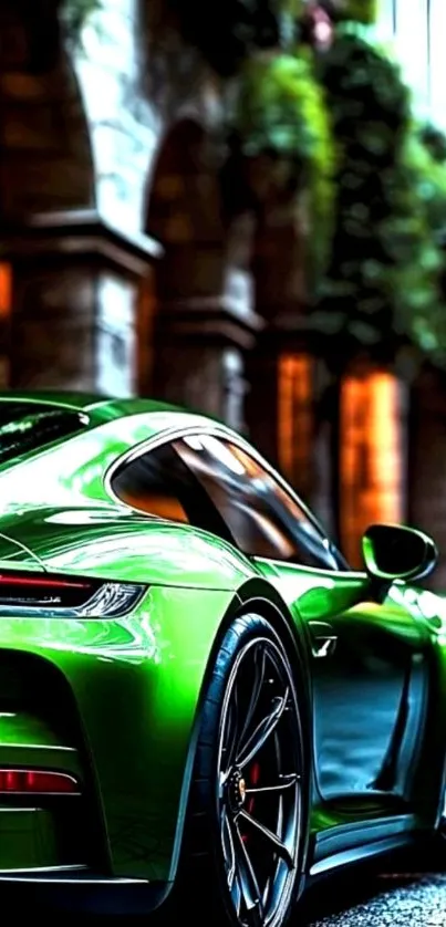 Vibrant green sports car on a city street.