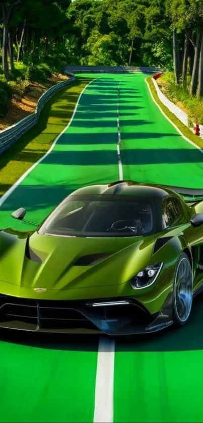 Sleek green sports car on a lush race track.