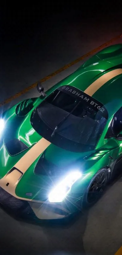 Green sports car with bright headlights.