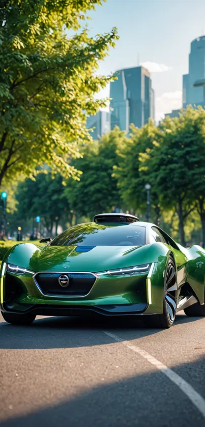 Green sports car on urban road with cityscape.