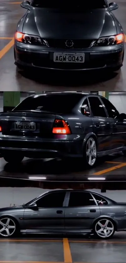 Sleek grey sedan in a modern parking lot.