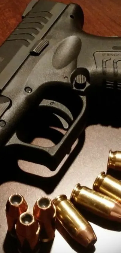 Mobile wallpaper of a black gun and bullets on a dark surface.