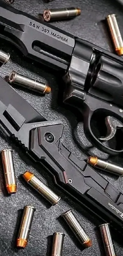 Sleek black gun and knife with scattered bullets on a dark background.