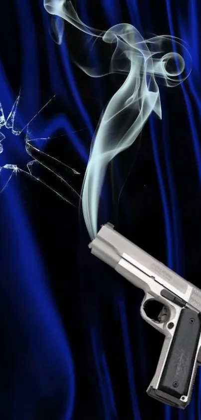 Sleek silver gun with smoke rising on a deep blue background wallpaper.