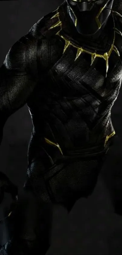 Dark superhero in black suit with gold accents wallpaper.