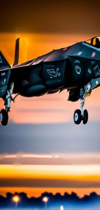 Jet flying against a vibrant orange sunset sky.