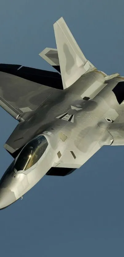 Fighter jet soaring in clear blue sky.