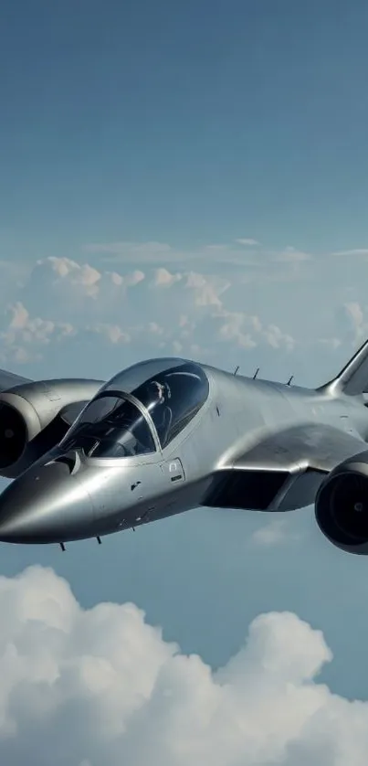 Sleek jet soaring in blue sky with clouds.