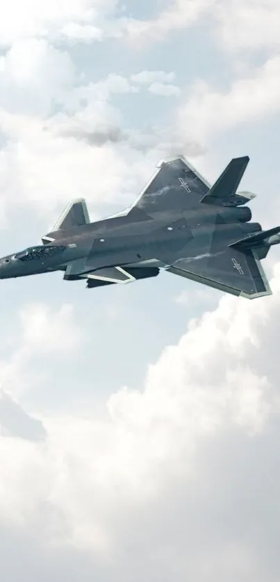 A sleek jet flying through a cloudy sky, showing modern aviation technology.