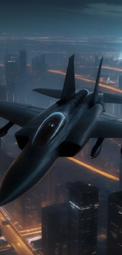 Sleek jet flying over a futuristic cityscape at night.