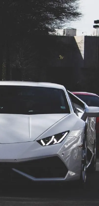 White Lamborghini on the road, sleek mobile wallpaper.