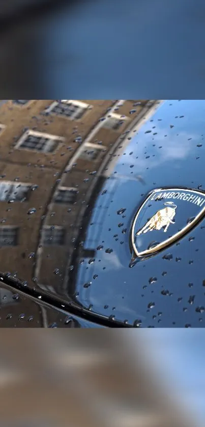 Close-up of Lamborghini hood with rain droplets and building reflection.