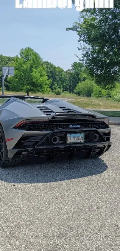 Lamborghini on a sunlit road, surrounded by greenery.