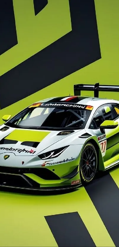Sleek Lamborghini racing car on lime green background.