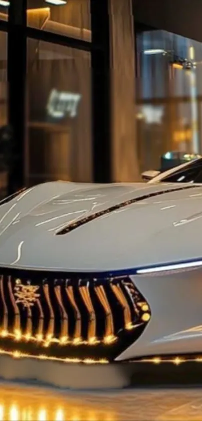 A sleek luxury car displayed in a modern showroom ambiance.