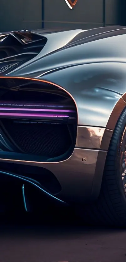 Sleek luxury car with metallic finish, showcasing futuristic rear design.