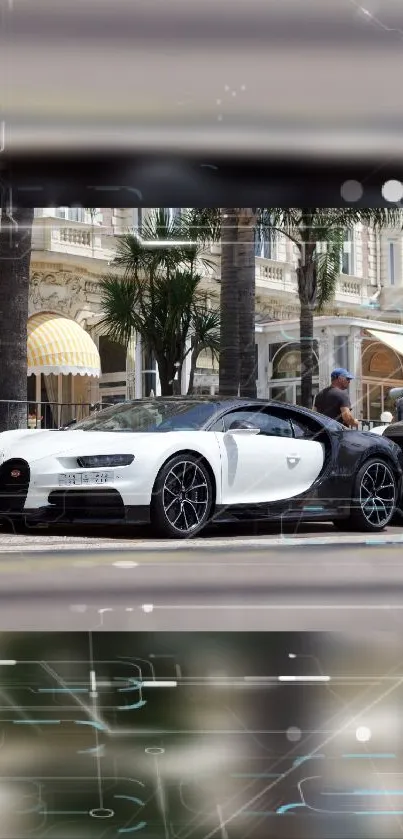 Black and white luxury sports car on city street.