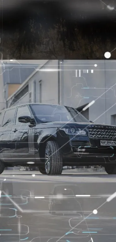 Luxurious black SUV with a futuristic city backdrop.