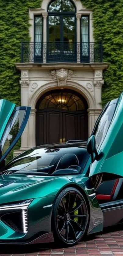 Sleek luxury sports car with butterfly doors open in front of a mansion.
