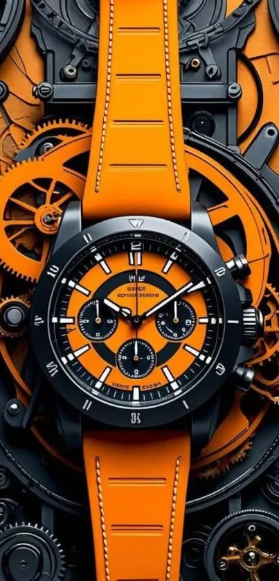 Intricate orange and black mechanical watch design with detailed gears.