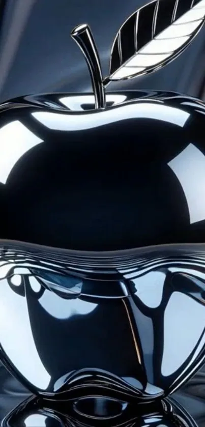 Sleek metallic apple on reflective surface.