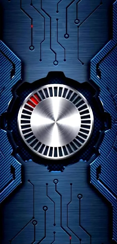 Futuristic metallic circuit wallpaper with blue and silver design.