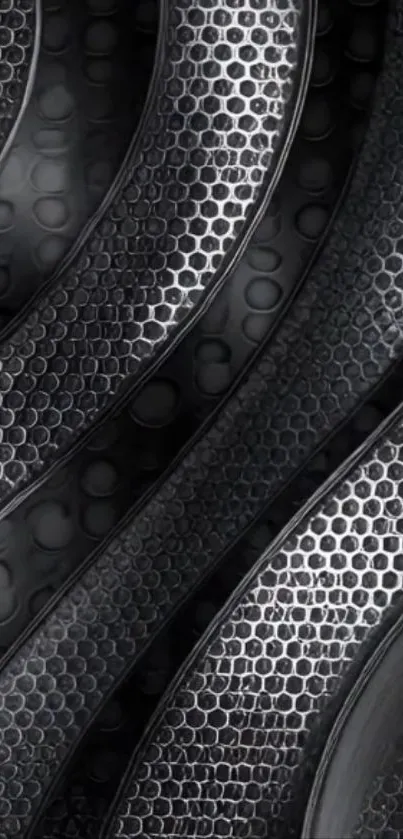Dark metallic patterned wallpaper with hexagonal textures.